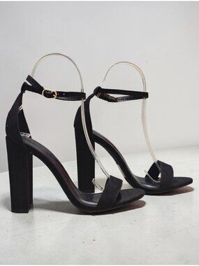 Womens Black Suede Block Heel Sandals With Adjustable Ankle Strap